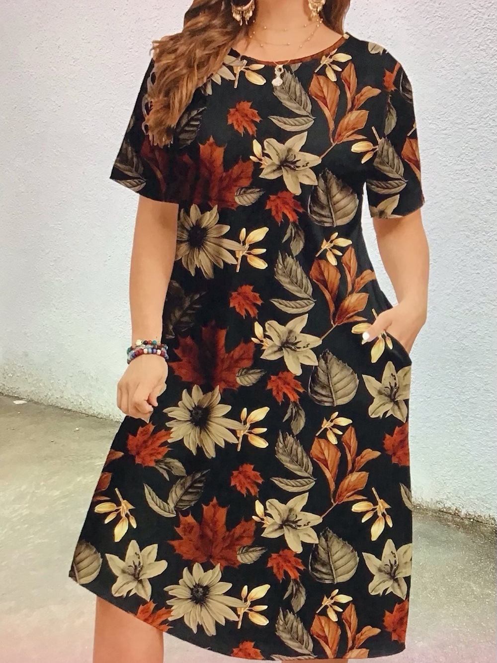 Black Floral Short Sleeve A-Line Lounge Dress